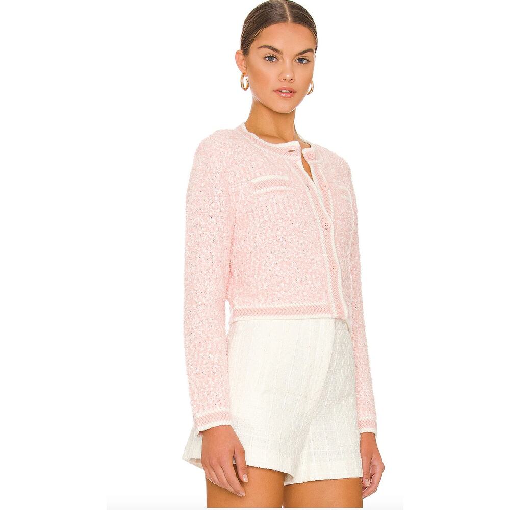 Alice + Olivia Noella Cropped Cardigan Medium Pink Boucle Knit Crew Button Front - Picture 3 of 15